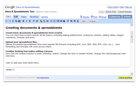Screenshot of Google Docs as it looked in 2007